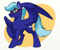 Size: 1200x1000 | Tagged: safe, artist:itstaylor-made, derpibooru exclusive, oc, oc only, oc:gusty gale, pegasus, pony, abstract background, chest fluff, commission, digital art, glasses, male, raised hoof, simple background, solo, spread wings, stallion, wings