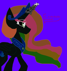 Size: 847x906 | Tagged: safe, artist:dazzlingmimi, princess celestia, alicorn, pony, tumblr:the sun has inverted, g4, blue background, blue sun, civil war, color change, concerned, corrupted, corrupted celestia, darkened coat, divided equestria, female, glowing horn, green eye, horn, indigo background, invert princess celestia, inverted, inverted colors, inverted princess celestia, possessed, purple background, rainbow hair, sidemouth, simple background, solo, speech bubble, tumblr, violet background, word bubble