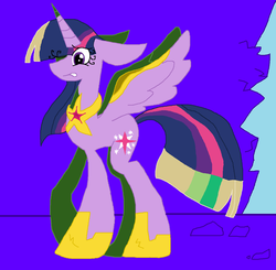 Size: 1240x1214 | Tagged: safe, artist:dazzlingmimi, twilight sparkle, alicorn, pony, tumblr:the sun has inverted, g4, armor, blue background, brighter hair, civil war, color change, darkened coat, divided equestria, female, hoof shoes, indigo background, inversion attempt, inversion spell, inverted, inverted colors, lighter hair, long legs, partial inversion, property damage, purple background, rebellion, resistance, sidemouth, simple background, solo, tall, thin, tumblr, twilight sparkle (alicorn), violet background