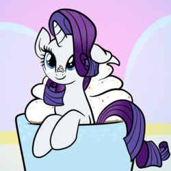 Size: 2100x2100 | Tagged: safe, artist:sjart117, rarity, pony, unicorn, g4, cafe, chocolate, cream, cup, cup of pony, cute, female, food, hair over one eye, high res, hot chocolate, hot coco, mare, marshmallow, mug, ponies in food, raribetes, rarity is a marshmallow, solo, sprinkles, whipped cream