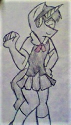 Size: 350x612 | Tagged: safe, artist:midday sun, oc, oc:silver storm, unicorn, anthro, clothes, crossdressing, cute, femboy, male, miniskirt, pleated skirt, school uniform, shirt, shoes, skirt, socks, traditional art, trap