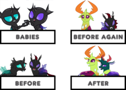 Size: 1280x924 | Tagged: safe, artist:dashiesparkle, artist:kirbymlp, artist:no-time-for-caution, artist:sketchmcreations, pharynx, thorax, changedling, changeling, nymph, g4, the times they are a changeling, to change a changeling, baby, brothers, king thorax, male, prince pharynx, reformed