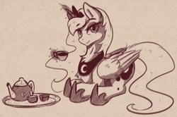 Size: 1446x960 | Tagged: safe, artist:arjinmoon, princess luna, alicorn, pony, g4, cup, ethereal mane, explicit source, female, folded wings, food, glowing horn, hoof shoes, horn, jewelry, levitation, looking at you, magic, mare, monochrome, peytral, regalia, simple background, solo, tea, teacup, telekinesis, wings