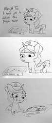 Size: 878x2048 | Tagged: safe, artist:tjpones, twilight sparkle, alicorn, pony, g4, comic, dialogue, eating, female, food, grayscale, hat, lineart, mare, monochrome, offscreen character, peetzer, pizza, pizza box, pizza delivery, simple background, sitting, smol, solo, this will end in weight gain, traditional art, twiggie, twilight sparkle (alicorn), you had one job