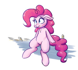 Size: 1280x1152 | Tagged: safe, artist:heir-of-rick, pinkie pie, earth pony, pony, g4, blushing, chest fluff, cute, diapinkes, female, floppy ears, food, mare, pi day, pie, pie tin, simple background, sitting, smiling, solo, white background