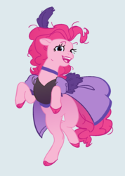 Size: 1036x1458 | Tagged: safe, artist:saturniade, pinkie pie, earth pony, pony, g4, over a barrel, bipedal, blue background, clothes, cloven hooves, dancing, dress, female, looking at you, mare, open mouth, saloon pinkie, simple background, solo