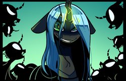 Size: 1873x1195 | Tagged: safe, artist:sourspot, queen chrysalis, changeling, changeling queen, g4, female, floppy ears, glowing horn, horn, profile, smiling, solo focus