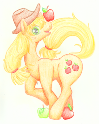 Size: 801x1000 | Tagged: safe, artist:mu-tsu, applejack, earth pony, pony, g4, apple, applejack's hat, balancing, cowboy hat, cutie mark, female, hat, looking at you, mare, obligatory apple, open mouth, simple background, solo, traditional art, white background
