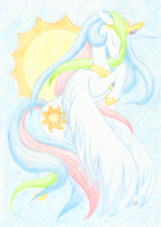 Size: 709x1000 | Tagged: safe, artist:mu-tsu, princess celestia, alicorn, pony, g4, cutie mark, eyes closed, female, flying, jewelry, mare, regalia, request, solo, sun, traditional art