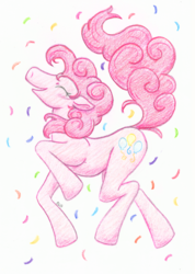Size: 712x1000 | Tagged: safe, artist:mu-tsu, pinkie pie, earth pony, pony, g4, blushing, confetti, cutie mark, eyes closed, female, mare, open mouth, simple background, solo, traditional art, white background