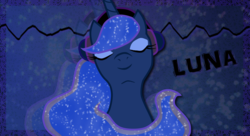 Size: 1280x694 | Tagged: safe, artist:pandawolfart, princess luna, pony, g4, abstract background, bust, ethereal mane, eyes closed, eyeshadow, female, headphones, headset, makeup, mare, music, smiling, solo, starry mane, wallpaper