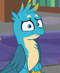 Size: 596x720 | Tagged: safe, edit, edited screencap, screencap, gallus, griffon, hybrid, pony, g4, what lies beneath, beakless, confused, cropped, cursed image, frown, looking at you, male, oh no, pony-muzzled griffon, pure unfiltered evil, sitting, solo focus, wat, what has science done, wide eyes, worried, wtf
