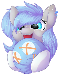 Size: 746x931 | Tagged: safe, artist:donutnerd, oc, oc only, oc:noelle, earth pony, pony, blue eyes, blue mane, female, freckles, gray coat, happy, head, holding, hooves, mare, markings, piercing, smiling, solo, tailmouth