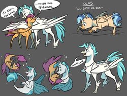 Size: 1032x774 | Tagged: safe, artist:baylard, scootaloo, terramar, oc, oc:olos, classical hippogriff, hippogriff, pegasus, pony, seapony (g4), g4, female, gray background, hug, interspecies, interspecies offspring, jewelry, male, mare, necklace, nuzzling, offspring, older, parent:scootaloo, parent:terramar, parents:terraloo, pearl necklace, seaponified, seapony scootaloo, ship:terraloo, shipping, simple background, species swap, speech bubble, straight, winghug
