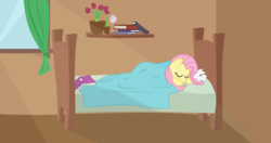 Size: 4096x2160 | Tagged: safe, artist:mazli, angel bunny, fluttershy, pegasus, pony, g4, bed, blanket, book, duo, eyes closed, flower, indoors, morning, sleeping, vector, window