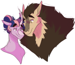Size: 957x835 | Tagged: safe, artist:baylard, scorpan, twilight sparkle, gargoyle, pony, g4, alternate hairstyle, bust, crying, curved horn, eyebrows, eyebrows visible through hair, female, floppy ears, hair bun, horn, interspecies, male, mare, scorlight, simple background, smiling, straight, tears of joy, transparent background