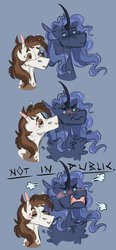 Size: 608x1312 | Tagged: safe, artist:baylard, pipsqueak, princess luna, pony, g4, alternate hairstyle, angry, behaving like a bird, blue background, blushing, bust, chest fluff, curved horn, dot eyes, embarrassed, eyes closed, female, flustered, freckles, horn, kiss denied, kissing, male, mare, older, open mouth, ship:lunapip, shipping, simple background, straight, tsundere, wavy mouth, yelling