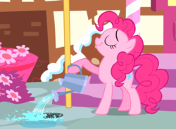 Size: 940x692 | Tagged: safe, screencap, pinkie pie, earth pony, pony, g4, pinkie pride, acting, cropped, eyes closed, female, holding, mare, raised hoof, smiling, watering can