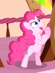 Size: 403x540 | Tagged: safe, screencap, pinkie pie, earth pony, pony, g4, pinkie pride, bipedal, cropped, female, looking up, mare, open mouth, underhoof
