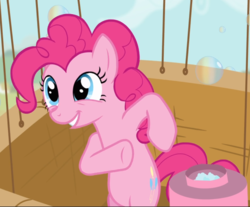 Size: 1050x871 | Tagged: safe, screencap, pinkie pie, earth pony, pony, g4, pinkie pride, big smile, bipedal, bubble, cropped, cute, diapinkes, female, hind legs, mare, smiling, solo