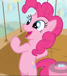 Size: 830x940 | Tagged: safe, screencap, pinkie pie, earth pony, pony, g4, pinkie pride, big smile, bipedal, bubble, cropped, cute, diapinkes, excited, female, happy, mare, open mouth, smiling