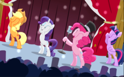 Size: 1521x940 | Tagged: safe, screencap, applejack, pinkie pie, rarity, twilight sparkle, alicorn, earth pony, pony, unicorn, g4, pinkie pride, bipedal, cropped, dancing, eyes closed, female, freckles, hat, hooves on face, lights, mare, microphone, smiling, top hat, twilight sparkle (alicorn)