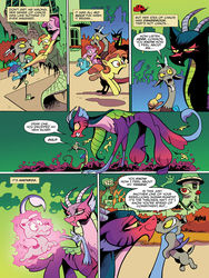 Size: 768x1024 | Tagged: safe, artist:andy price, idw, official comic, cosmos, discord, dog, draconequus, earth pony, ladybug, pony, unicorn, g4, spoiler:comic, spoiler:comic76, background pony, chaos, comic, female, filly, green sky, magic, male, possessive, preview, size difference, speech bubble, stinger, transformation, unnamed character, unnamed pony
