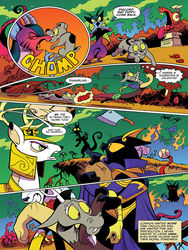 Size: 768x1024 | Tagged: safe, artist:andypriceart, idw, official comic, abyssinian king, cosmos, discord, king aspen, abyssinian, dog, g4, spoiler:comic, spoiler:comic76, chaos, comic, even evil has standards, nose bite, preview, speech bubble