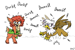 Size: 1150x775 | Tagged: safe, artist:skoon, gilda, griffon, satyr, anthro, g4, angry, bipedal, clothes, crossover, derp, dialogue, digital art, dweeb, elora, epic battle, faun, feather, female, humor, jumping, leonine tail, majestic as fuck, open mouth, simple background, spread wings, spyro the dragon (series), white background, wings