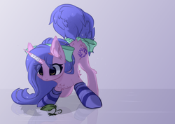 Size: 1492x1059 | Tagged: dead source, safe, artist:php146, oc, oc only, oc:avici flower, pony, unicorn, g4, bandage, bow, broken horn, clothes, cute, eye clipping through hair, female, frostinglyladale, horn, mare, plant, socks, solo, striped socks, tail bow