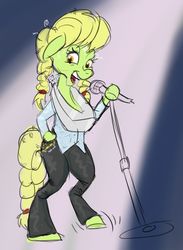 Size: 704x960 | Tagged: safe, artist:snapai, granny smith, earth pony, semi-anthro, g4, arm hooves, bipedal, dolly parton, female, horse collar, looking at you, microphone, solo