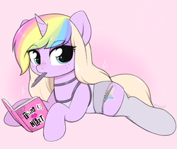 Size: 2296x1927 | Tagged: safe, artist:moozua, oc, oc only, oc:lullaby tiara, pony, unicorn, burn book, clothes, mouth hold, pen, pink, prone, pudge, socks, solo, thank u next