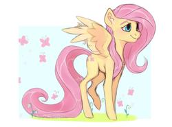 Size: 1073x794 | Tagged: safe, artist:mekmarchu, fluttershy, butterfly, pegasus, pony, g4, cute, ear fluff, female, flower, looking away, mare, raised leg, shyabetes, smiling, solo, spread wings, standing, three quarter view, two toned wings, wings