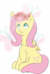 Size: 1262x1861 | Tagged: safe, artist:c0pter, fluttershy, pegasus, pony, g4, cutie mark background, female, floral head wreath, flower, folded wings, looking at something, looking up, mare, raised hoof, sitting, solo, wings