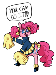 Size: 1600x2137 | Tagged: safe, artist:quiet-bunny, pinkie pie, earth pony, pony, g4, alternate hairstyle, bipedal, bow, cheerleader, cheerleader outfit, cheerleader pinkie, clothes, cute, dialogue, diapinkes, female, hair bow, no pupils, pigtails, pom pom, simple background, solo, speech bubble, transparent background
