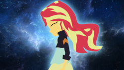 Size: 1280x720 | Tagged: safe, artist:ngrycritic, sunset shimmer, equestria girls, g4, eyes closed, female, glowing, lineless, minimalist, modern art, solo, space background, sunshine shimmer