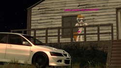 Size: 1920x1080 | Tagged: safe, artist:sevenxninja, oc, oc only, oc:love biscuit, pony, 3d, car, glasses, gmod, grass, house, mitsubishi, mitsubishi lancer, night, stairs, text