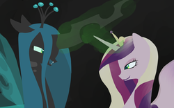 Size: 4000x2500 | Tagged: safe, artist:nekosammsi, princess cadance, queen chrysalis, alicorn, changeling, changeling queen, pony, g4, black background, crown, female, horn, jewelry, lineless, magic, mare, mind control, open mouth, regalia, simple background, subdance, tiara, wings