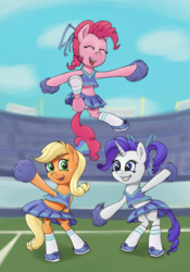 Size: 1400x2000 | Tagged: safe, artist:phidaazn, applejack, pinkie pie, rarity, earth pony, pony, unicorn, g4, alternate hairstyle, armpits, bipedal, braces, cheerleader, cheerleader outfit, clothes, cute, eyes closed, female, freckles, midriff, miniskirt, open mouth, panties, panty shot, pleated skirt, pom pom, ponytail, shoes, skirt, skirt lift, smiling, socks, teenage applejack, teenager, trio, underwear, upskirt, white underwear