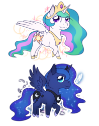 Size: 1447x1834 | Tagged: safe, artist:8bitgalaxy, princess celestia, princess luna, alicorn, pony, g4, chibi, crown, digital art, ethereal mane, female, jewelry, looking up, mare, necklace, peytral, raised hoof, regalia, simple background, sisters, smiling, spread wings, transparent background, wings