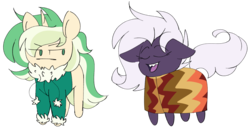Size: 3118x1611 | Tagged: safe, artist:taaffeiite, derpibooru exclusive, oc, oc only, oc:cyberia starlight, oc:vagabond, earth pony, pony, unicorn, chibi, clothes, duo, female, fur collar, hoodie, male, mare, open mouth, poncho, sharp teeth, simple background, stallion, teeth, transparent background, unamused