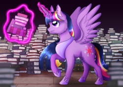Size: 3274x2315 | Tagged: safe, artist:8bitgalaxy, twilight sparkle, alicorn, pony, g4, book, female, high res, hoof shoes, jewelry, levitation, magic, mare, necklace, older, older twilight, solo, telekinesis, twilight sparkle (alicorn), wings