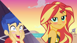 Size: 2165x1191 | Tagged: safe, artist:kingdark0001, edit, flash sentry, sunset shimmer, equestria girls, equestria girls series, g4, spring breakdown, spoiler:eqg series (season 2), bare shoulders, beach, beach babe, beautiful, bedroom eyes, blushing, clothes, cropped, female, lidded eyes, looking at you, lovesick, male, ocean, sand, ship:flashimmer, shipping, sleeveless, starry eyes, starstruck, straight, sunset, sunshine shimmer, swimsuit, wingding eyes