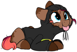 Size: 1024x698 | Tagged: safe, artist:kellythedrawinguni, oc, oc only, oc:ruef, earth pony, pony, clothes, female, hoodie, mare, prone, silly, silly pony, simple background, solo, tongue out, transparent background