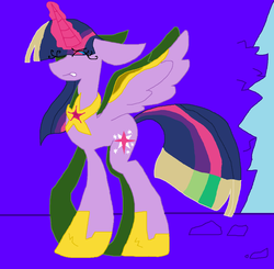 Size: 1240x1214 | Tagged: safe, artist:dazzlingmimi, twilight sparkle, alicorn, pony, tumblr:the sun has inverted, g4, armor, blue background, brighter hair, civil war, color change, crying, darkened coat, divided equestria, eyes closed, female, glowing horn, hoof shoes, horn, indigo background, inversion attempt, inversion spell, inverted, inverted colors, lighter hair, magic, magic aura, partial inversion, property damage, purple background, rebellion, resistance, retreating, sidemouth, simple background, solo, tumblr, twilight sparkle (alicorn), violet background