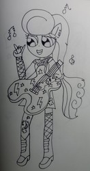 Size: 2346x4443 | Tagged: safe, artist:徐詩珮, oc, oc only, oc:betty pop, equestria girls, g4, equestria girls-ified, guitar, lineart, magical lesbian spawn, next generation, offspring, parent:glitter drops, parent:tempest shadow, parents:glittershadow, ponied up, solo, traditional art
