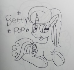 Size: 2719x2556 | Tagged: safe, artist:徐詩珮, oc, oc only, oc:betty pop, pony, unicorn, female, high res, lineart, magical lesbian spawn, mare, next generation, offspring, parent:glitter drops, parent:tempest shadow, parents:glittershadow, solo, tongue out, traditional art