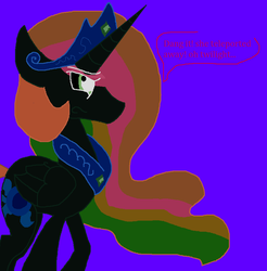 Size: 847x862 | Tagged: safe, artist:dazzlingmimi, princess celestia, alicorn, pony, tumblr:the sun has inverted, g4, betrayed, blue background, blue sun, civil war, color change, corrupted, corrupted celestia, darkened coat, disappointed, divided equestria, female, green eye, indigo background, invert princess celestia, inverted, inverted colors, inverted princess celestia, possessed, purple background, rainbow hair, sad, sadness, sidemouth, simple background, solo, speech bubble, tumblr, violet background, word bubble
