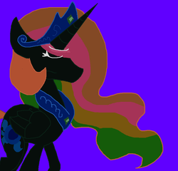 Size: 847x813 | Tagged: safe, artist:dazzlingmimi, princess celestia, alicorn, pony, tumblr:the sun has inverted, g4, betrayed, blue background, blue sun, civil war, color change, corrupted, corrupted celestia, darkened coat, disappointed, divided equestria, eyes closed, female, indigo background, invert princess celestia, inverted, inverted colors, inverted princess celestia, possessed, purple background, rainbow hair, sad, sadness, sidemouth, simple background, solo, tumblr, violet background