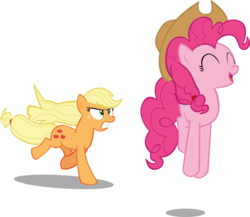 Size: 8659x7502 | Tagged: safe, artist:ace play, applejack, pinkie pie, earth pony, pony, g4, ^^, absurd resolution, accessory theft, applebetes, bouncing, cute, diapinkes, duo, duo female, eyes closed, female, hatless, jackabetes, jumping, loose hair, mare, missing accessory, pinkie being pinkie, pronking, punch-out!!, running, simple background, transparent background, vector